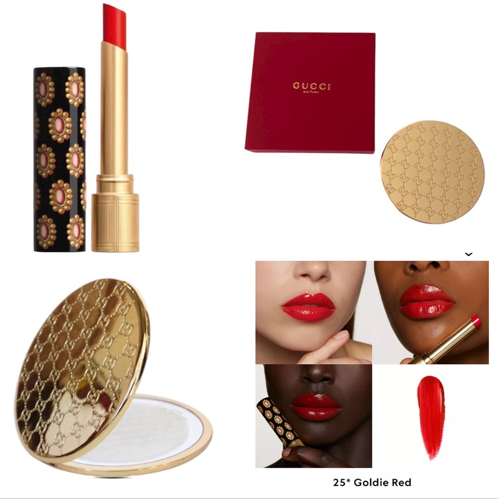 Gucci Rouge de Beauté Brillant Glow Lipstick & Gucci Gold GG Monogram Mirror NIB